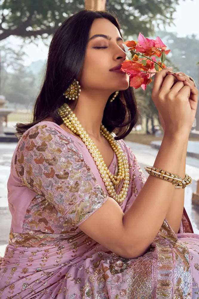 Pink Georgette Saree With Intricate Multi Sequins For Wedding Events Saree