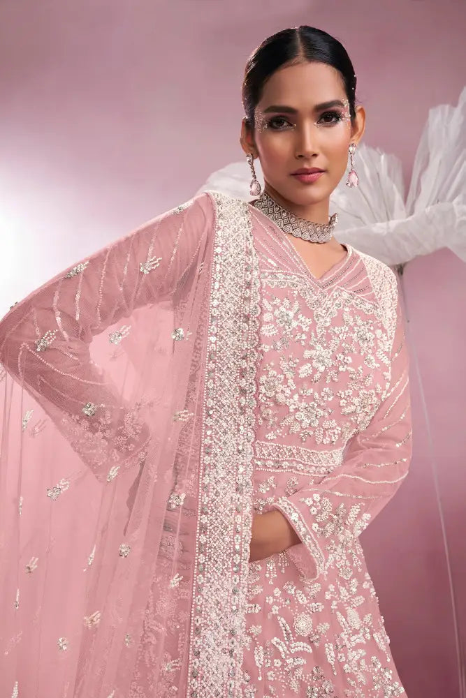 Pink Net Gown With Full Heavy Thread Work Jakran And Sequins Detailing Gown