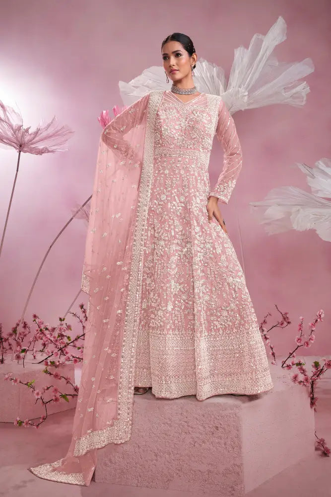 Pink Net Gown With Full Heavy Thread Work Jakran And Sequins Detailing Gown