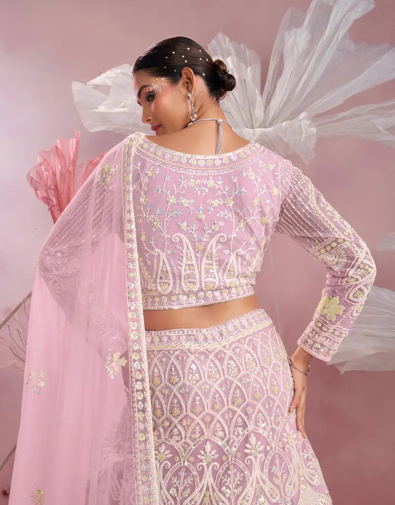 Pink Net Gown With Full Heavy Thread Work Jakran And Sequins Detailing Gown