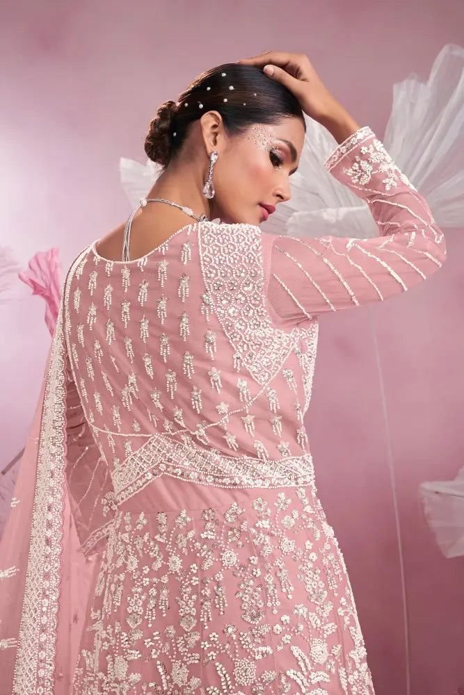 Pink Net Gown With Full Heavy Thread Work Jakran And Sequins Detailing Gown
