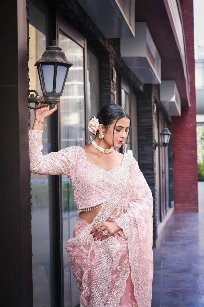 Pink Net Handwork With Sequence Jarkan Bollywood Inspired Saree