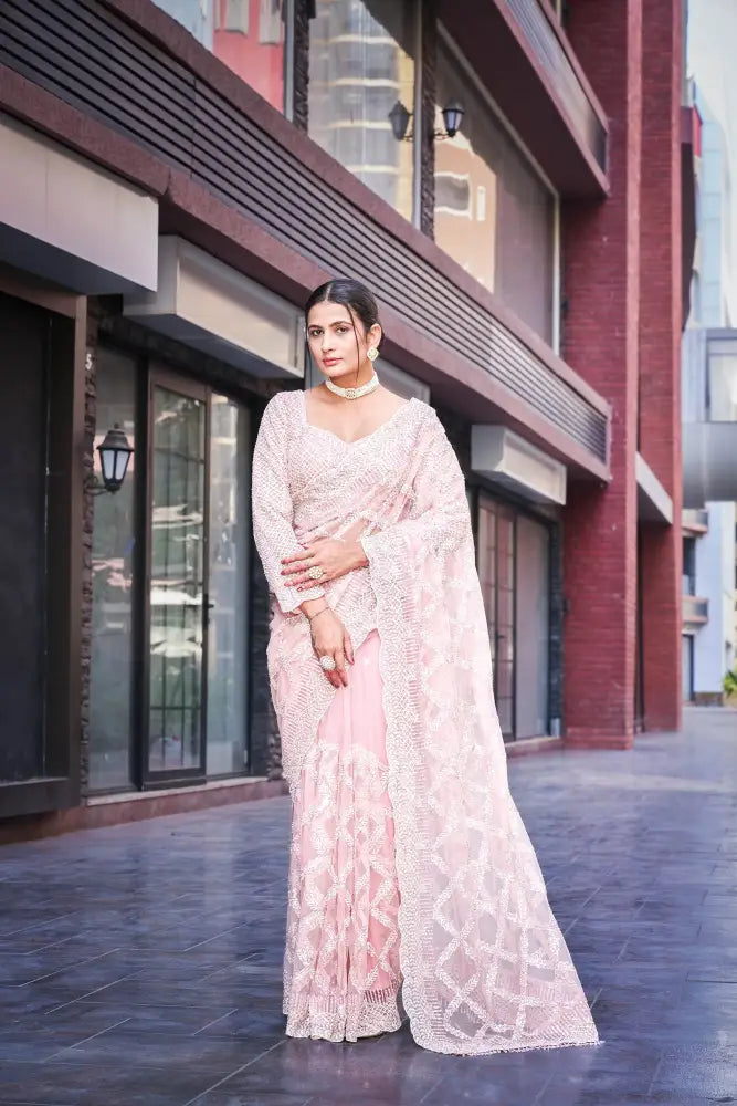 Pink Net Handwork With Sequence Jarkan Bollywood Inspired Saree