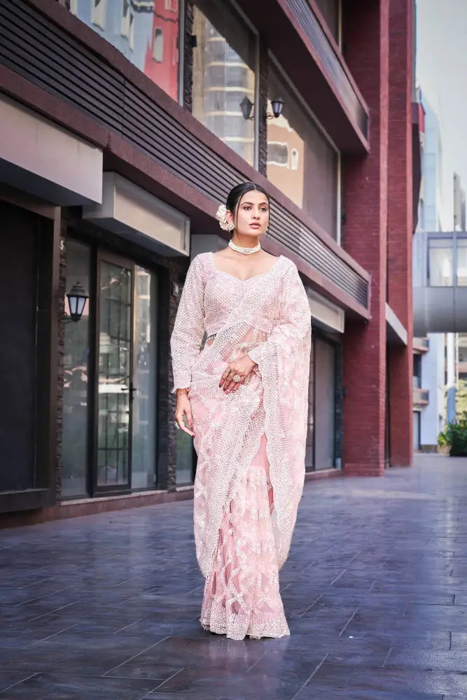 Pink Net Handwork With Sequence Jarkan Bollywood Inspired Saree