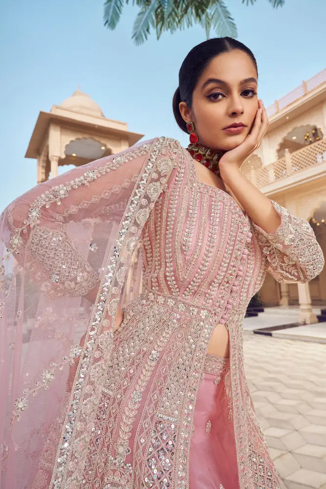 Pink Net Saree Exquisitely Handcrafted With Bead And Cut Dana Work Saree