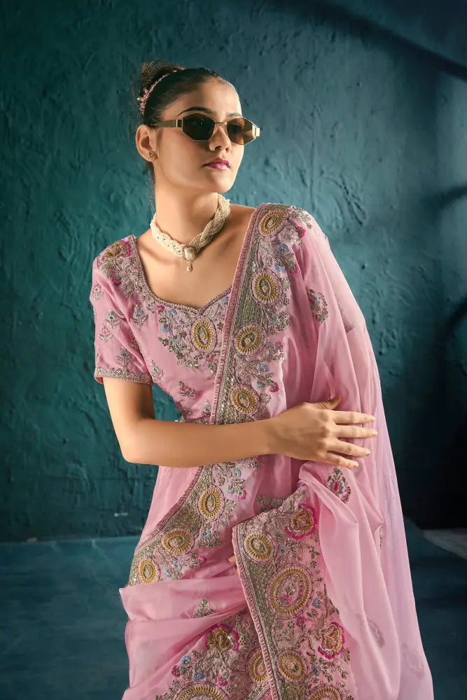 Pink Organza Saree With Exclusive Stone Work For Grand Occasions Saree