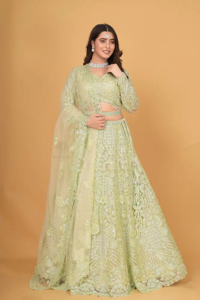 Pista Green Lehenga With Handwork And Sequins