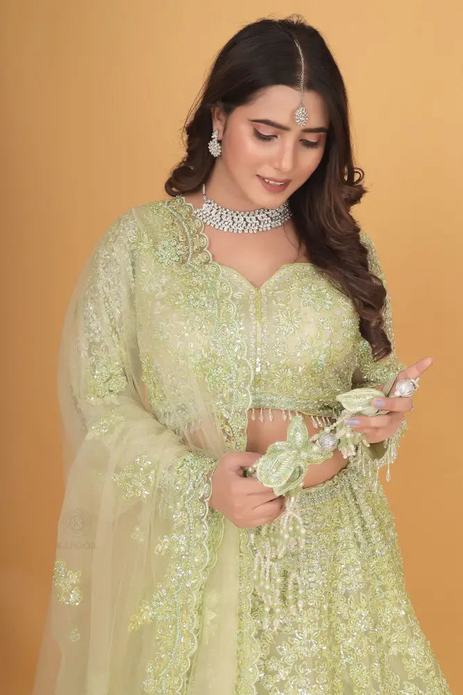 Pista Green Lehenga With Handwork And Sequins