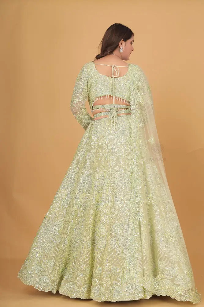 Pista Green Lehenga With Handwork And Sequins