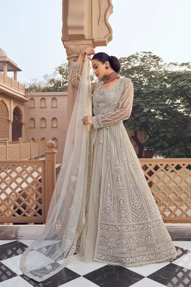 Premium Gold Saree In Net Fabric With Artistic Thread And Dana Detailing Saree
