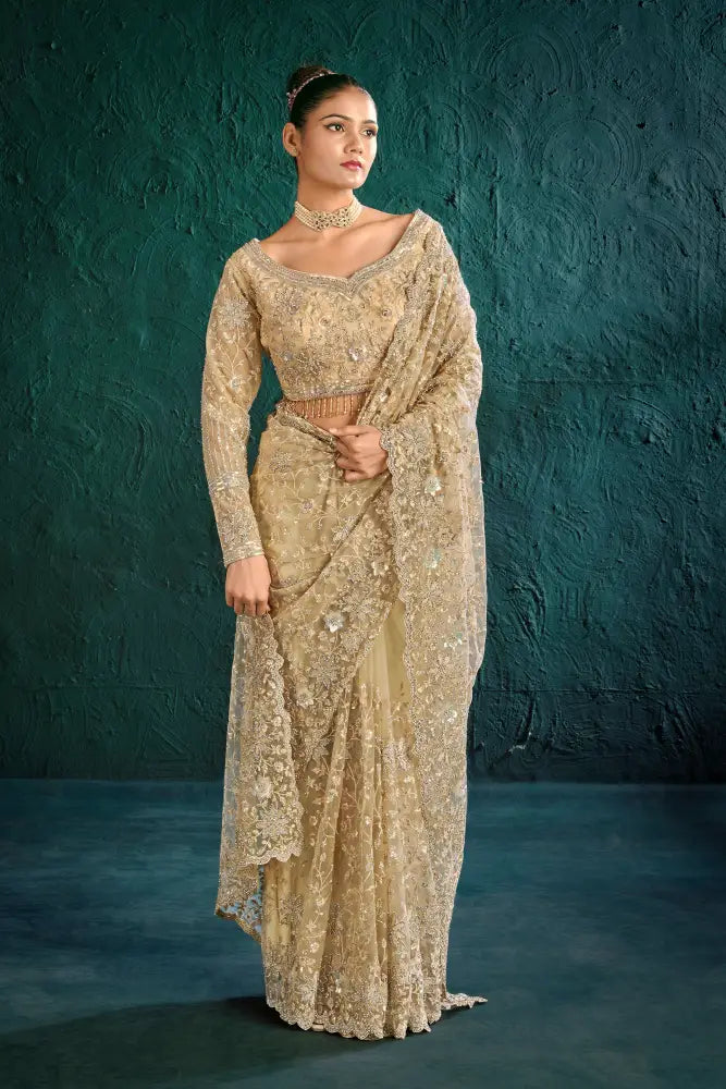 Premium Net Saree In Golden With Intricate Hand-Stitched Stones Saree