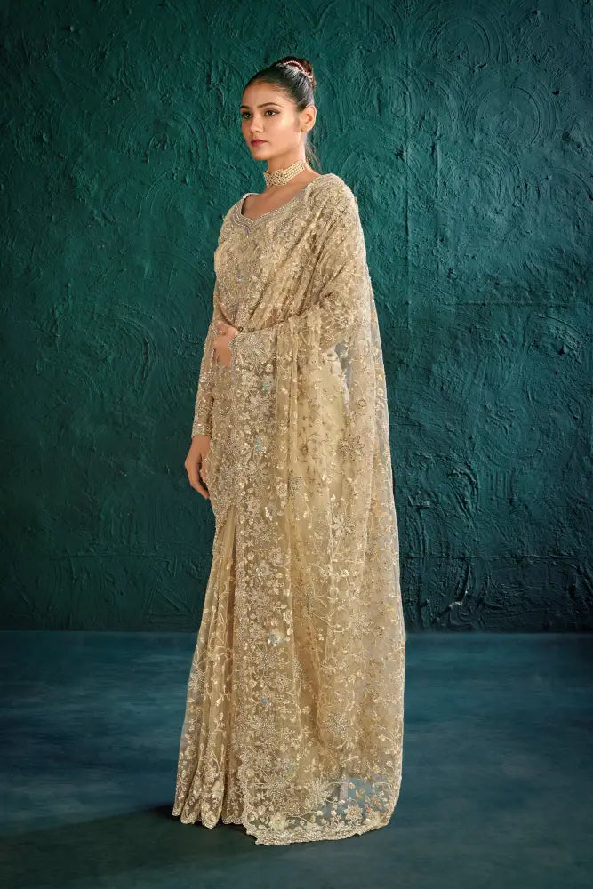 Premium Net Saree In Golden With Intricate Hand-Stitched Stones Saree