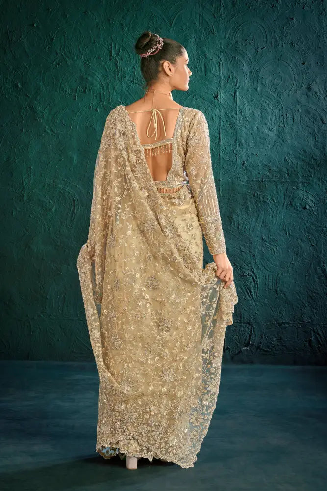 Premium Net Saree In Golden With Intricate Hand-Stitched Stones Saree