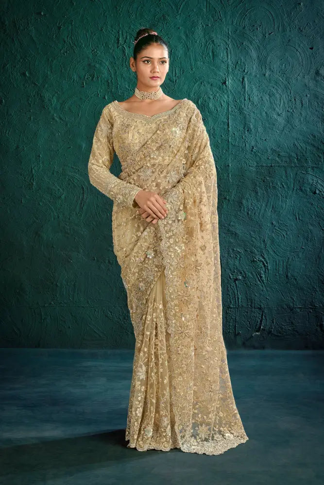 Premium Net Saree In Golden With Intricate Hand-Stitched Stones Saree