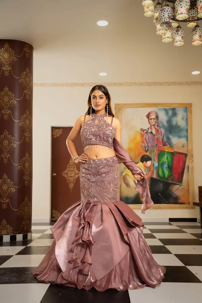 Premium Plum Noir Gown In Jimmy Choo Fabric With Handwork Gown