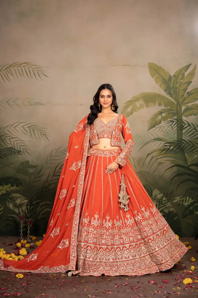 Premium Rust Orange Georgette Lehenga With Fine Embroidery Lehenga