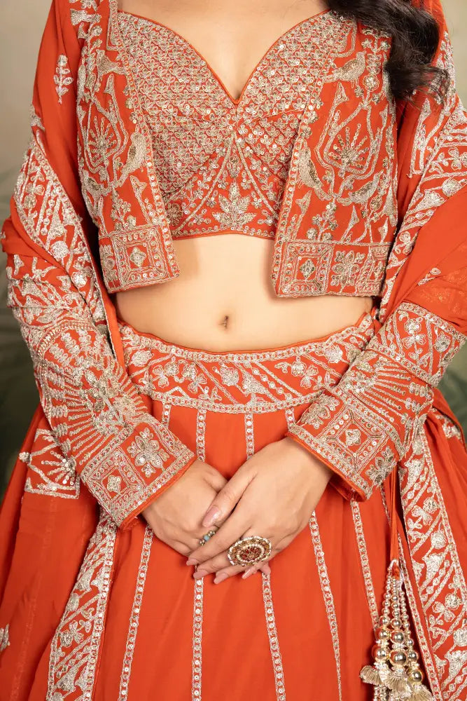 Premium Rust Orange Georgette Lehenga With Fine Embroidery Lehenga