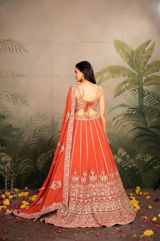 Premium Rust Orange Georgette Lehenga With Fine Embroidery Lehenga