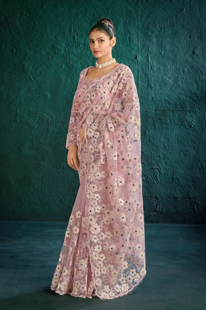 Pretty Pink Net Saree With Sparkling Handcrafted Stone Details Saree