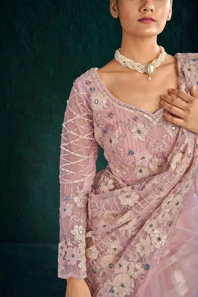 Pretty Pink Net Saree With Sparkling Handcrafted Stone Details Saree
