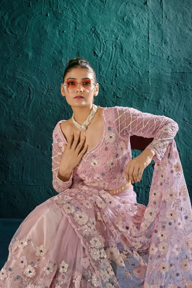 Pretty Pink Net Saree With Sparkling Handcrafted Stone Details Saree