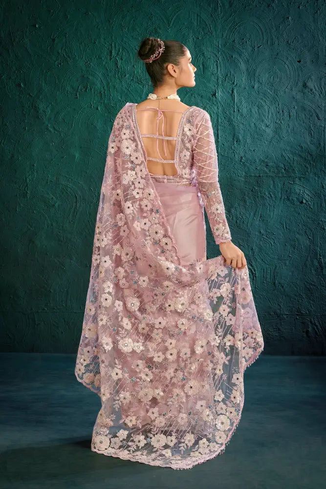 Pretty Pink Net Saree With Sparkling Handcrafted Stone Details Saree