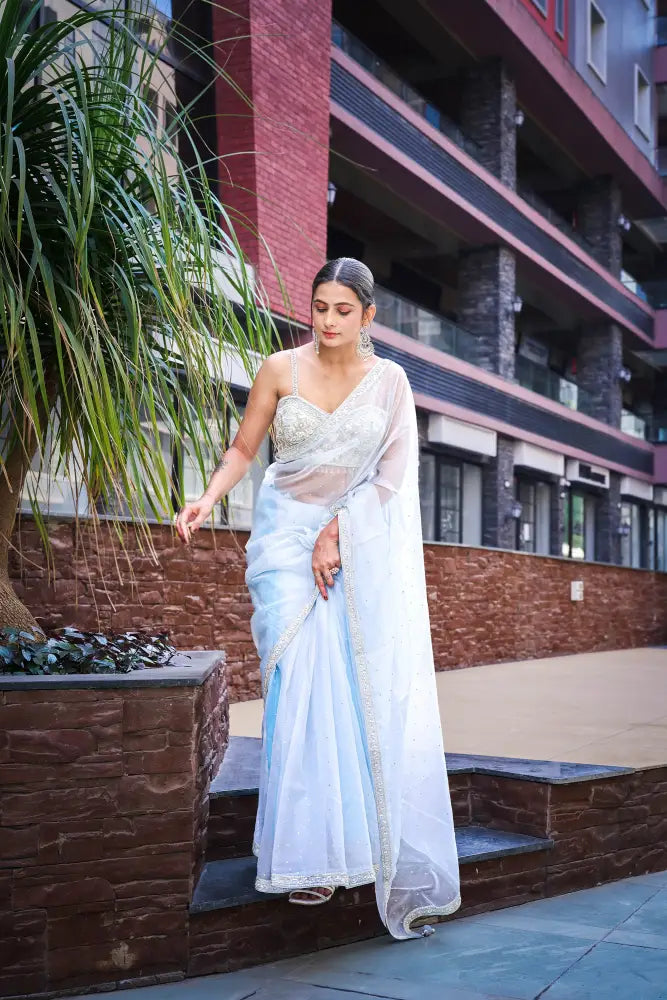 Pure Handmade Powder Blue Organza Saree