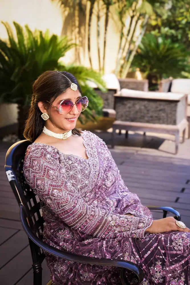 Purple Net Premium Partywear Saree With Handwork Sequence Jarkan Detailing