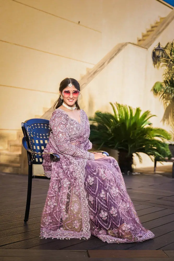 Purple Net Premium Partywear Saree With Handwork Sequence Jarkan Detailing