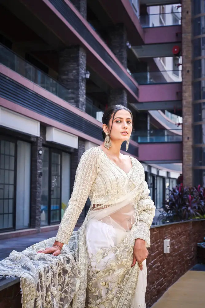 Purple Ready-Made Saree With Handwork Sequence Jarkan And Thread Embroidery