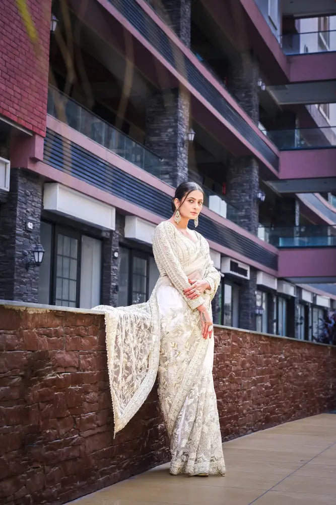 Purple Ready-Made Saree With Handwork Sequence Jarkan And Thread Embroidery