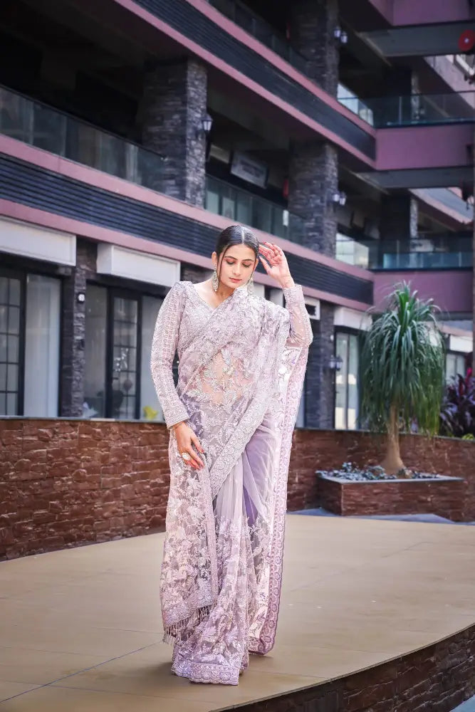 Purple Ready-Made Saree With Handwork Sequence Jarkan And Thread Embroidery