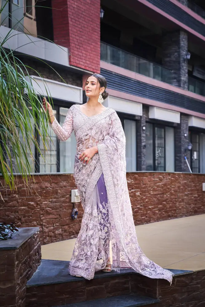 Purple Ready-Made Saree With Handwork Sequence Jarkan And Thread Embroidery