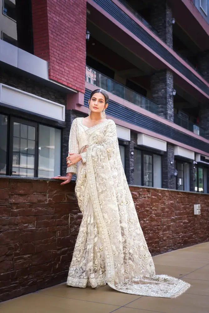 Purple Ready-Made Saree With Handwork Sequence Jarkan And Thread Embroidery