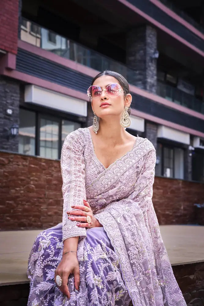 Purple Ready-Made Saree With Handwork Sequence Jarkan And Thread Embroidery