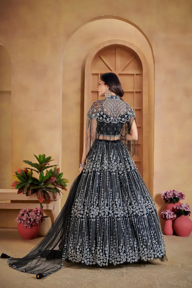Royal Black Net Lehenga With Dupatta And Intricate Jarkan Embroidery Lehenga