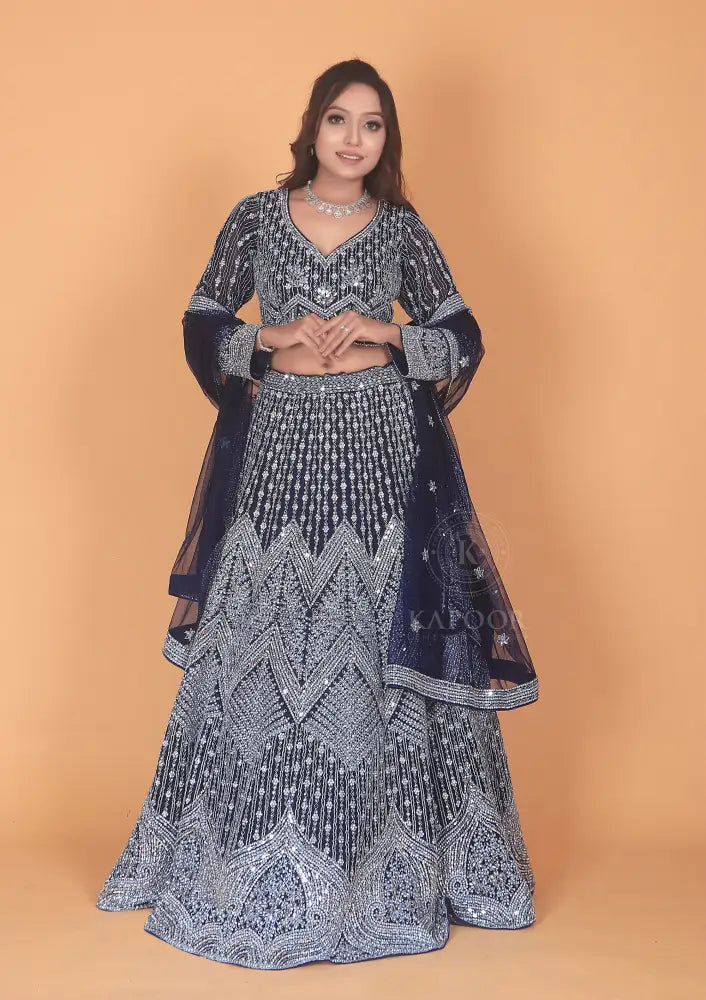 Royal Blue Lehenga With Stone And Mirror Work On Net Fabric