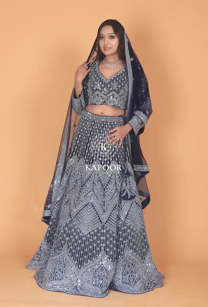 Royal Blue Lehenga With Stone And Mirror Work On Net Fabric