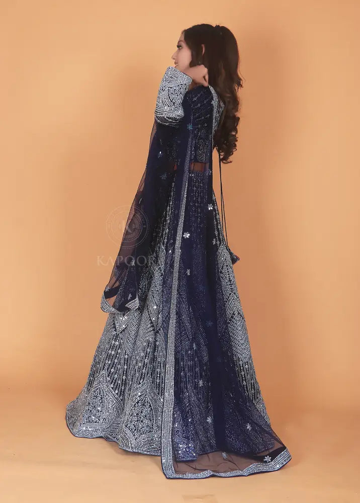 Royal Blue Lehenga With Stone And Mirror Work On Net Fabric