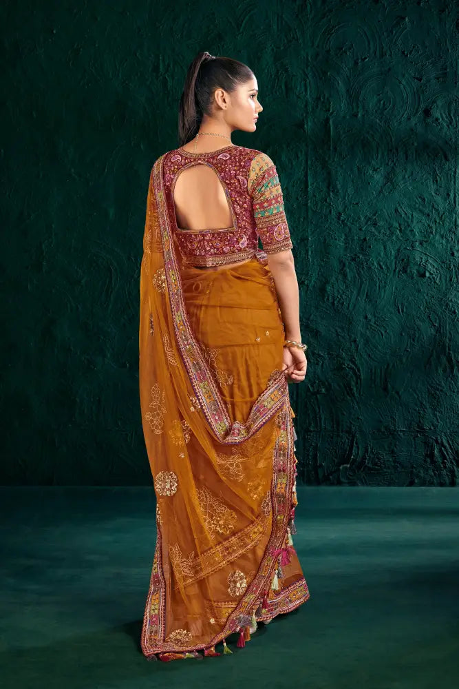 Rust Color Net Saree With A Stylish And Modern Touch Saree