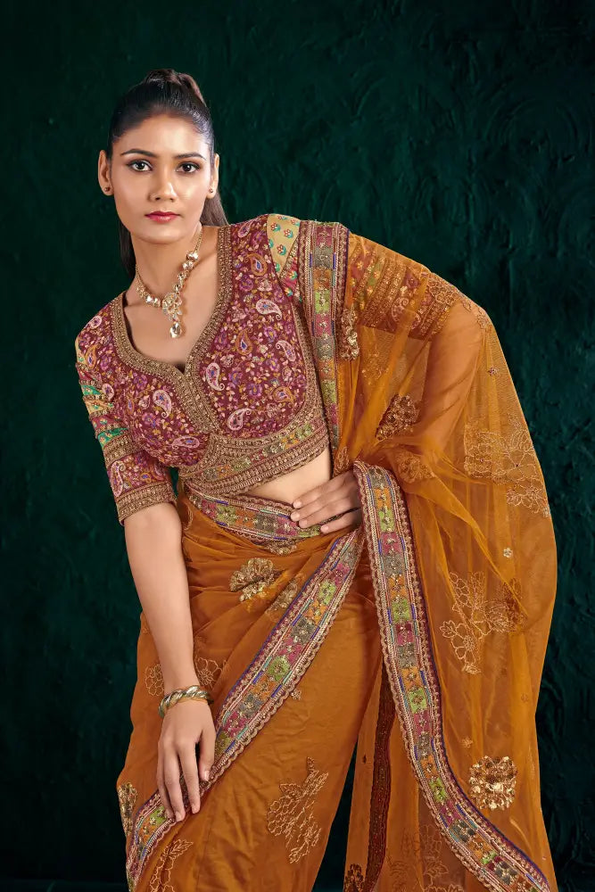 Rust Color Net Saree With A Stylish And Modern Touch Saree