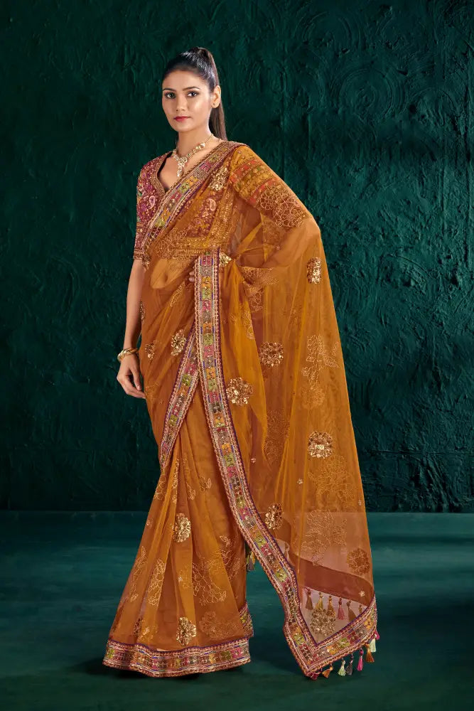 Rust Color Net Saree With A Stylish And Modern Touch Saree