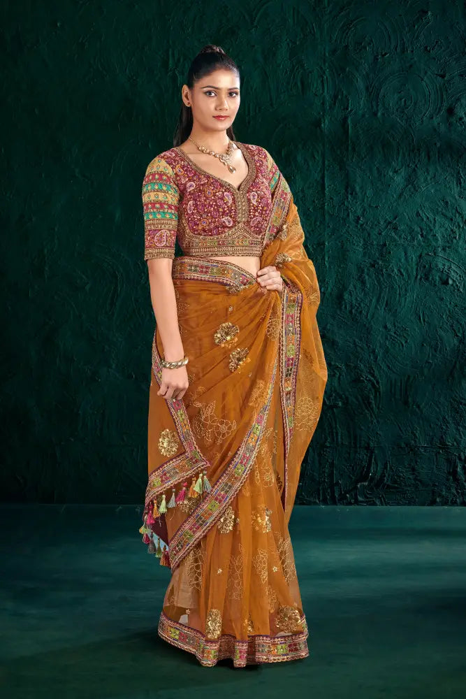 Rust Color Net Saree With A Stylish And Modern Touch Saree