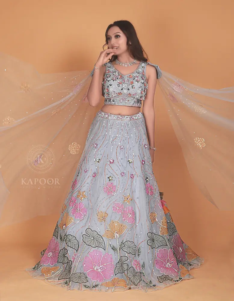 Sky Blue Handmade Lehenga With Gota Work In Net Fabric