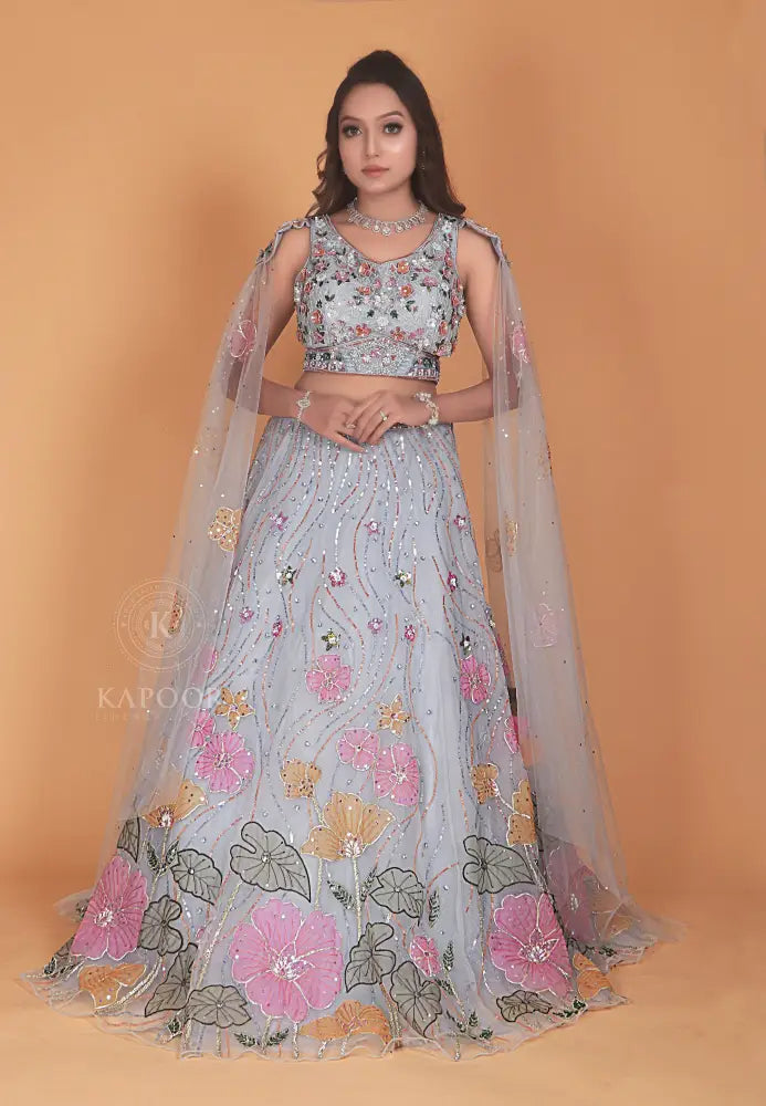 Sky Blue Handmade Lehenga With Gota Work In Net Fabric
