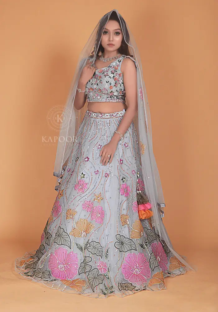 Sky Blue Handmade Lehenga With Gota Work In Net Fabric