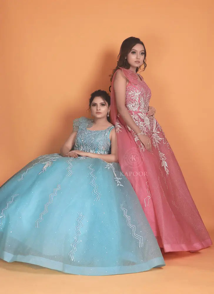 Sky Blue Handmade Party Wear Gown With Gota Work