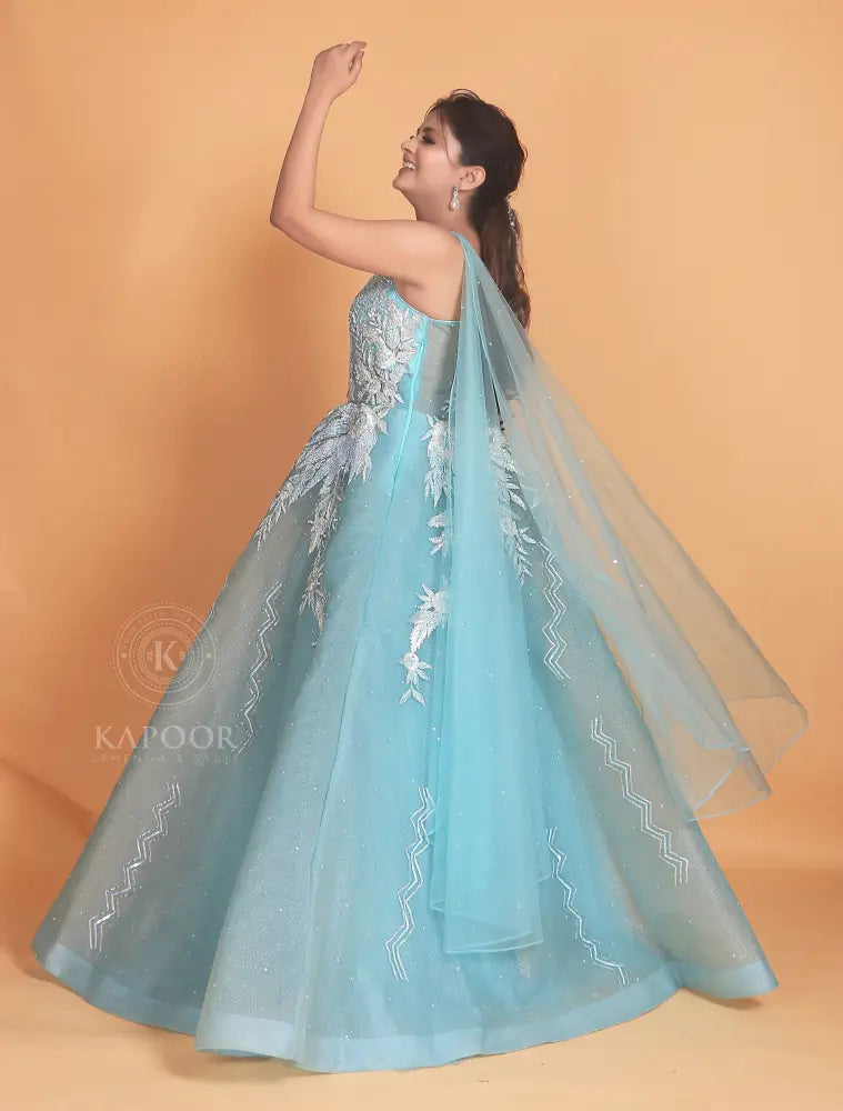 Sky Blue Handmade Party Wear Gown With Gota Work