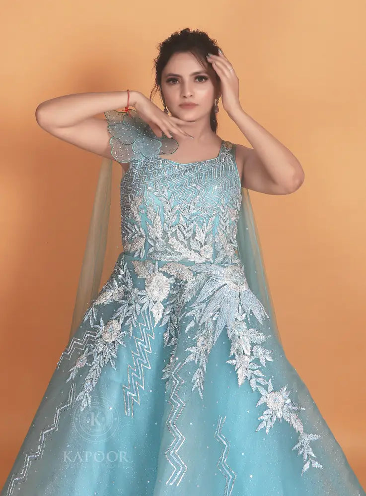 Sky Blue Handmade Party Wear Gown With Gota Work