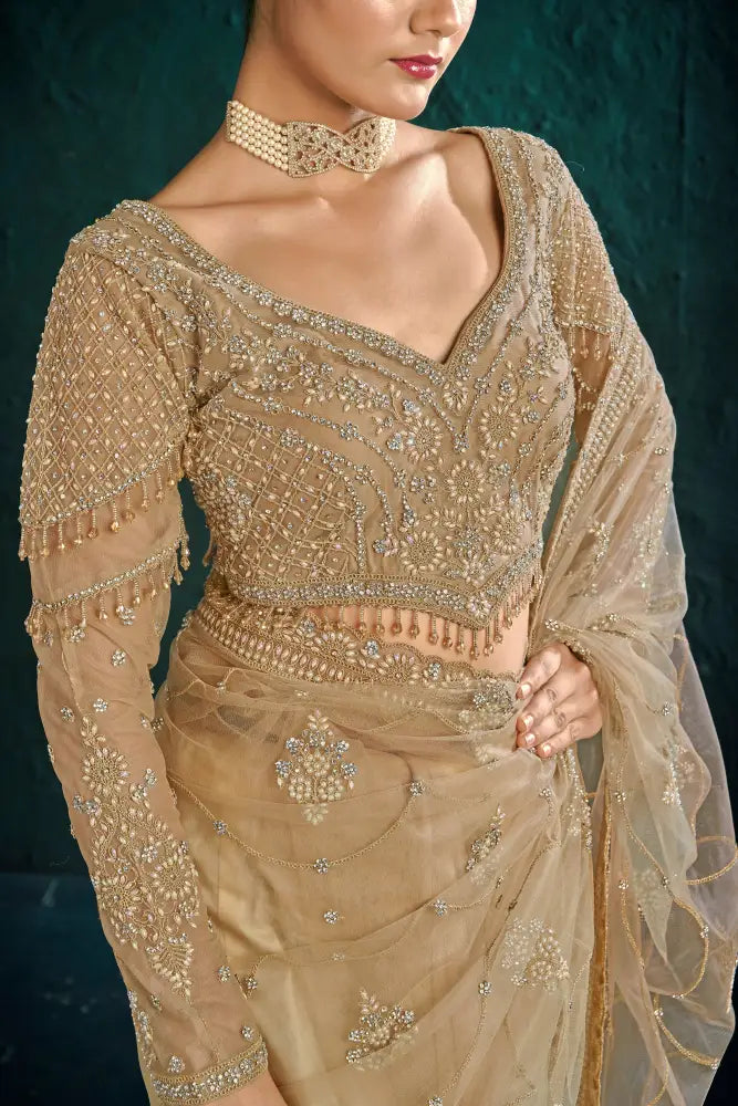 Special Occasion Golden Net Saree With Beautiful Stone Patterns Saree
